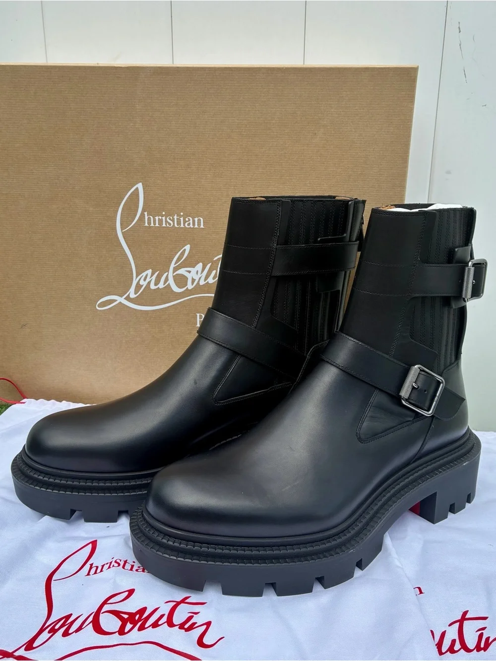 CHRISTIAN LOUBOUTIN OXYBOOTIE COLLEGE FLAT BLACK LEATHER ANKLE BOOTS SZ 44 NEW
